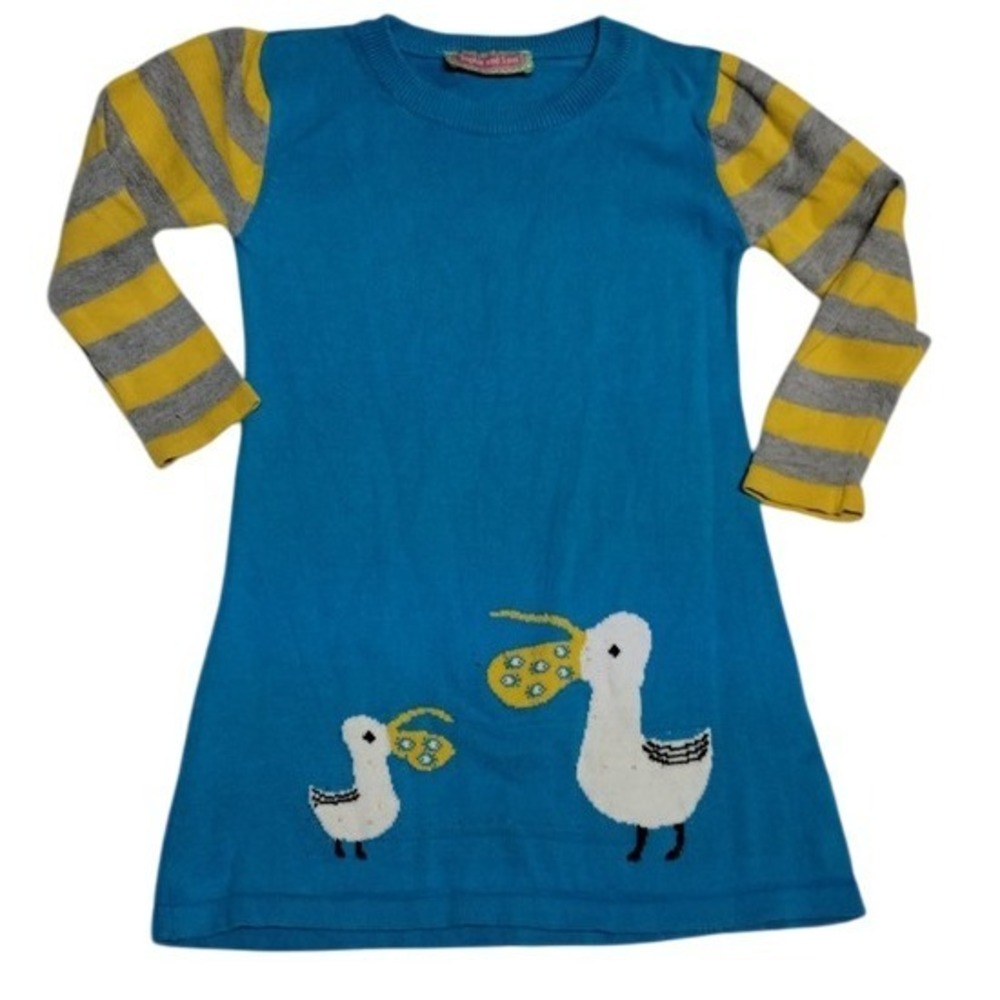 Sophie and Sam Knit Dress Stork Applique Striped Sleeve Blue‎ Yellow Size 4